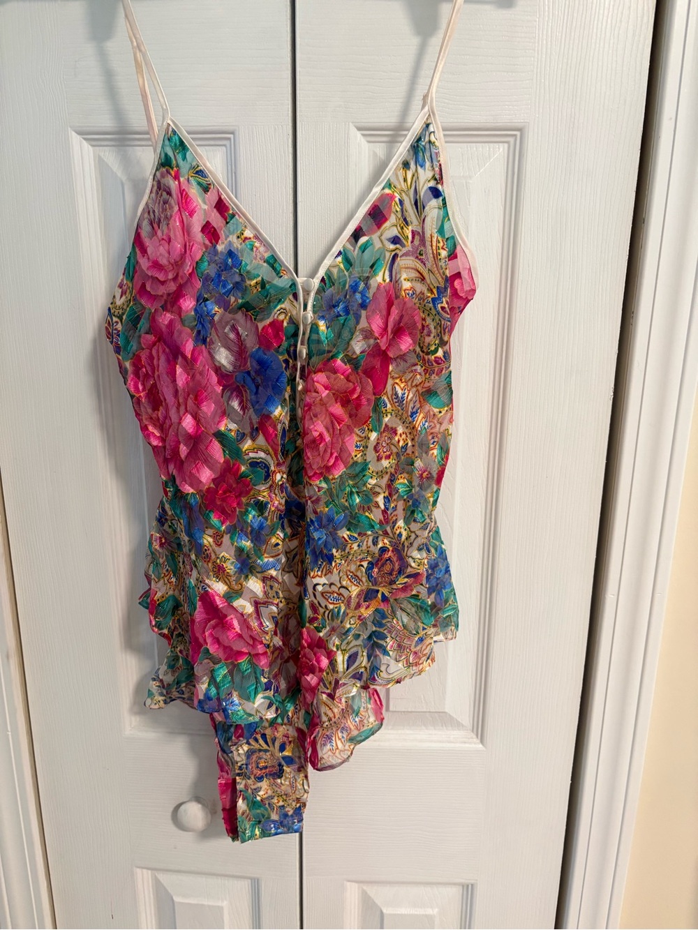 Vintage Floral Lace-Trimmed Satin Cami Bodysuit in Pink & Multicolor